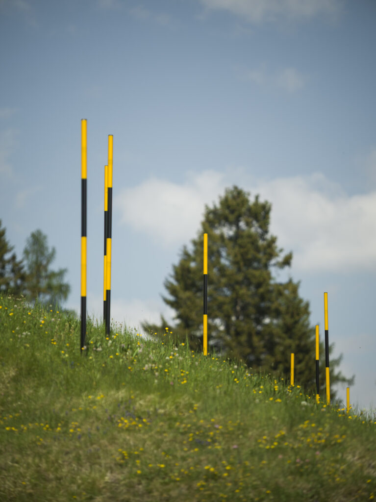 Installation view snow stakes in lines on a green mountain pasture.