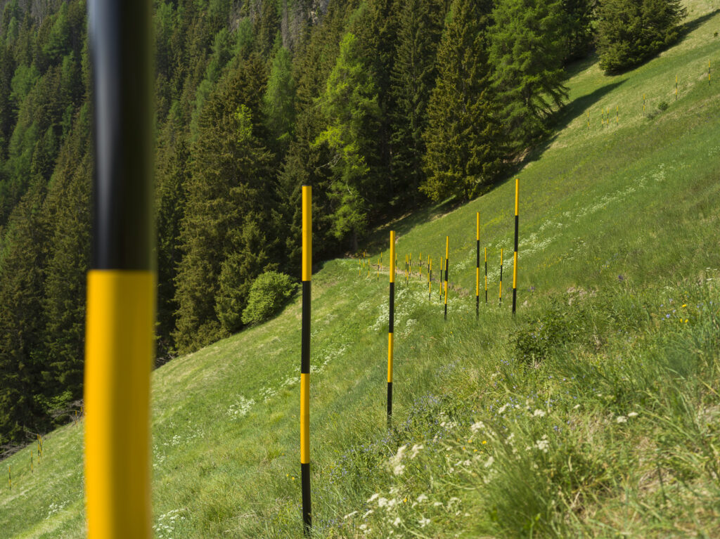 Installation view snow stakes in lines on a green mountain pasture.