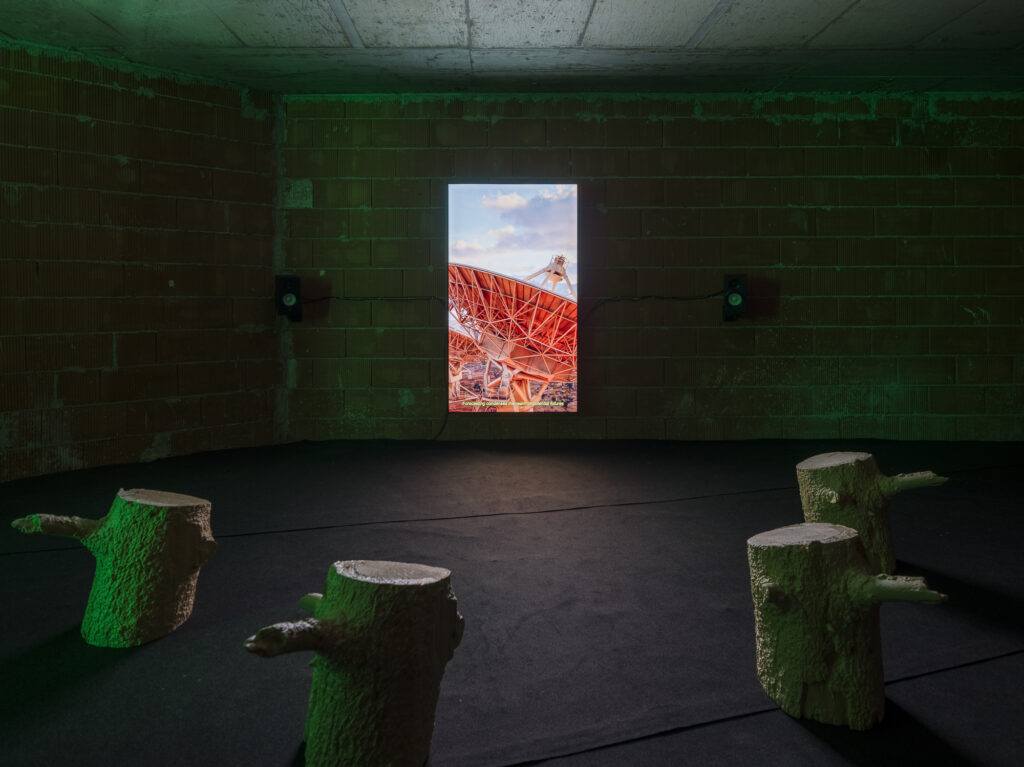 Installation view showing a video installation and wood stools arranged in a dark exhibition space.