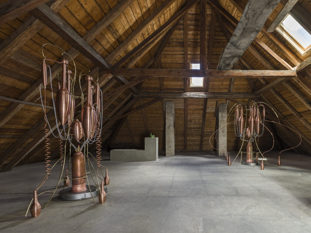 Installation view showing the the glass containers and brass destillators arranged in the exhibition space.