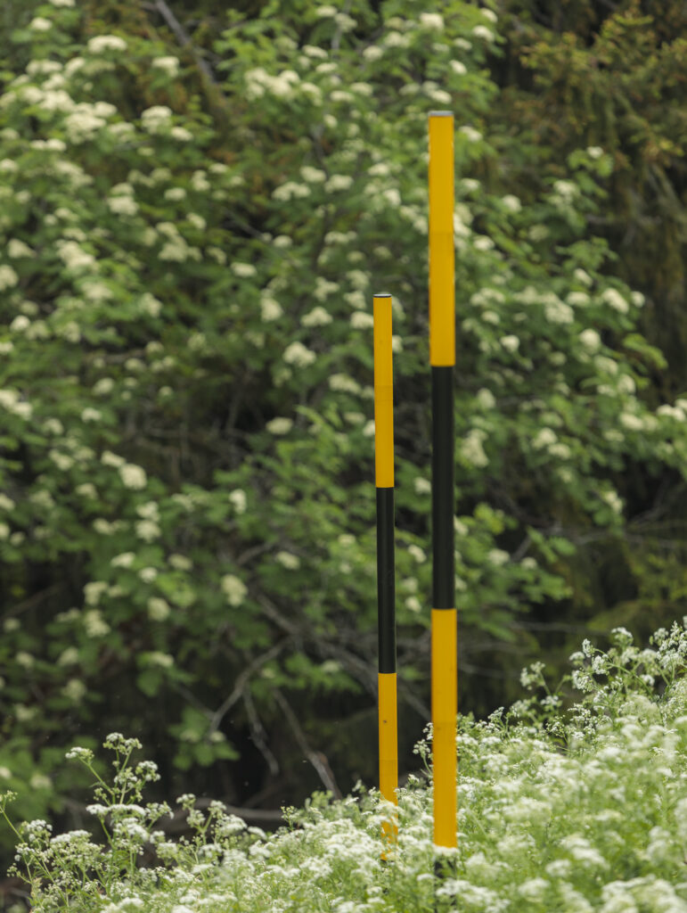 Installation view snow stakes in lines on a green mountain pasture.